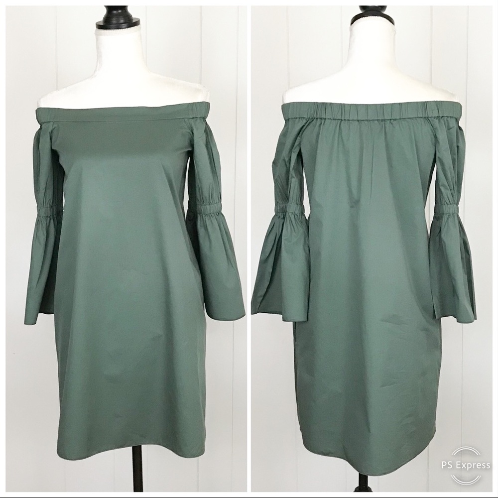 Tibi Sage Green Off-the-Shoulder Bell Sleeve Mini Dress